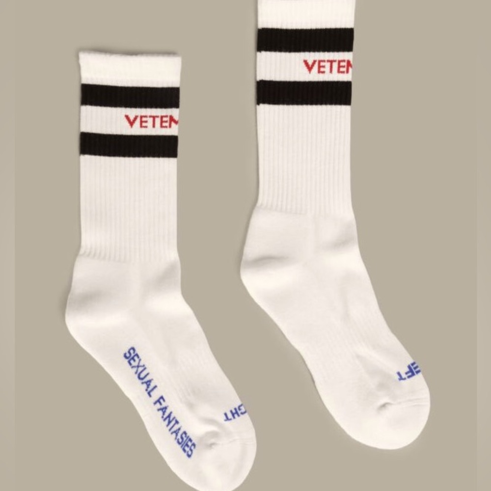 Vetements white “Sexual Fantasies” socks, fits 6-12